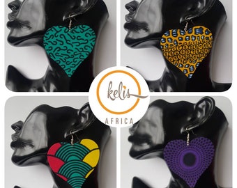 Price Slash!!African Print Dangling Heart Earrings/Spring Clip-on