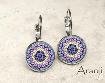 Glass dome millefiori art earrings, millefiori print earrings, leverback earrings, millefiori leverback earrings PA197LB