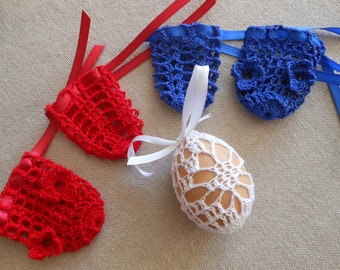 Del ganchillo tapa de huevo de Pascua, conjunto de 5 mano Crocheted decoración de Pascua huevos de Pascua azul rojo blanco