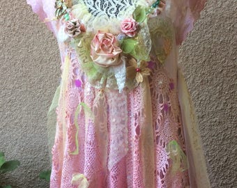 Garden of Eden- Altered Couture Art to wear Shabby Chic Bohemian Romantic Top Tunic Handcraft Upcycled sz S / M