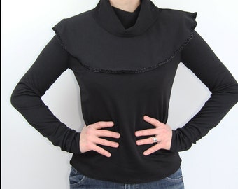 women long sleeve blouse, women black blouse, women clothing, turtleneck blouse, peplum black blouse, peplum top