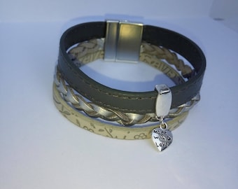 Woman leather bracelet gray tones - magnetic clasp.