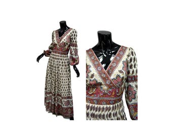 Gauze Empire Waist Maxi Dress Vintage 70s, Size Small 8, Bust 34-35" ALTERED, Indian Print, Lined, Surplice Bodice, Empire Waist 1970s