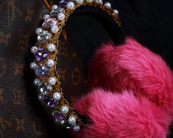 PJEAN Pink Pearls Fur Ear Muffs, Ear warmer, jeweled earmuffs, rhinestone earmuffs, embellished earmuffs, pink fluffy earmuffs, pink tiara