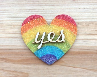 Rainbow Glitter "Yes" Heart Brooch