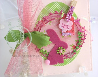 Shabby Chic Bunny Rabbit Card~arty tag shape card~baby shower card~velveteen rabbit~Easter Bunny~pink~green~blue~yellow~lavender~coral~kraft