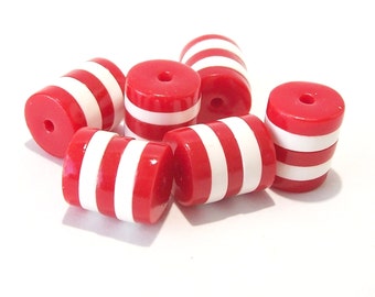 Red and White Striped Beads Handmade from Polymer Clay