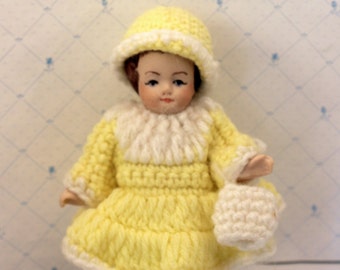 Miniature Bisque Doll Yellow Crochet Dress Hat Purse Hand Painted 5 inches w Stand