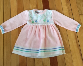 Vintage 1980s Baby Infant Girls Pink Stars Embroidered Dress! Size 12 months