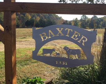 Metal Sign personalized with your name or farm name calf and cow and bull scene