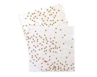 Pink and gold paper napkins. Set of 20. White paper napkin with pink and gold confetti. Paper napkins with light pink and gold polka dots