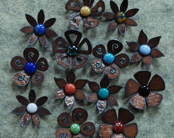 SALE - Set of 6 - Flower Magnets Steel Metal Glass - 6 FOR 30.00