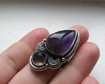 Amethyst and faceted smokey quartz multistone statement ring (size 7)