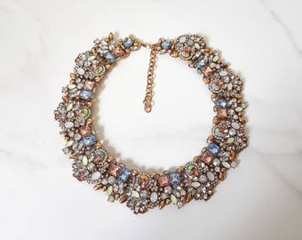 Nude, Mint & Gold Rhinestone Statement Necklace || Women Jewel Necklace