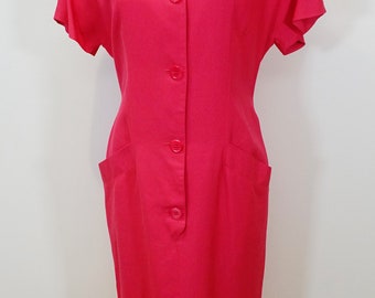 80s Fuchsia Pink Linen Blend Short Sleeve Button Up Pocketed Shirt Midi Shift Dress