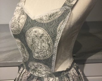 Ladies Full Coverage 1940's Vintage Reproduction Apron Countryside Pastoral Gray/Green Cotton Lace Full Skirt