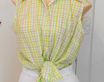Vintage, Blouse, Top, 1970s, Plaid, Ship N Shore, Size 12, Green Plaid, Sleeveless Blouse, Summer, Beach, Plaid Blouse, Hippie, Boho Top