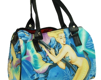 USA Handmade Handbag Doctor bag Satchel Style Sea and Sirens Pin up Girl 50's Pattern Alexander Henry Cotton Fabric Bag Purse, new