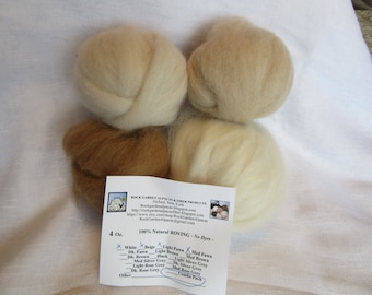 4 oz. Alpaca Roving - 100% Natural White/Beige/Light Fawn & Medium Fawn Combo Pack For Spinning, Nuno Felting or Needlefelting