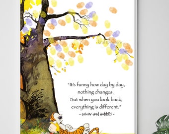 Calvin & Hobbes Under the tree Quote and Thumb Print tree poster, Finger prints Guest book poster, Calvin and Hobbes Print