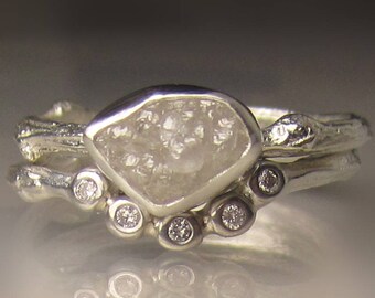 White Raw Diamond Engagement Ring, Rough Diamond Wedding Set, Raw Diamond Twig Ring