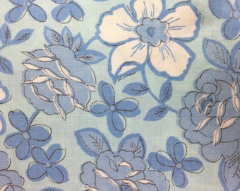 Vintage Sheet Fabric / 81x94 / blue floral on a blue background / Dan River Dantrel no iron muslin / reclaimed fabric / quilting / sewing