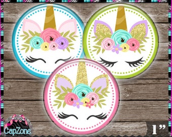 Cute Unicorn Faces 2 2018, Floral, Fantasy - INSTANT DIGITAL DOWNLOAD - 1" Bottlecap Button Bow Images (4x6) Digital Collage Sheet