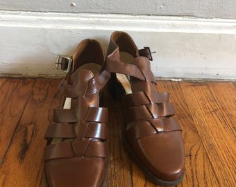 Stacked heel t-strap sandals