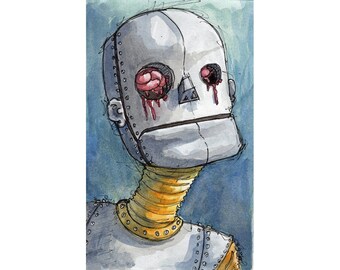 Original Watercolor Illustration - robot Art by Ela Steel - blue teal strange lowbrow art