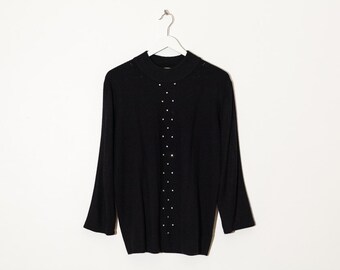 on sale - black mock neck knit sweater / 3/4 sleeve rhinestones jersey pullover / size M
