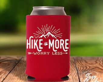 Hike More Worry Less Can Cooler - hiking, hiker gift, trail hiking, drink cooler, beer cooler