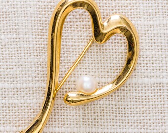 Gold Heart Brooch Vintage Pearl Abstract Broach Vtg Pin 7JJ