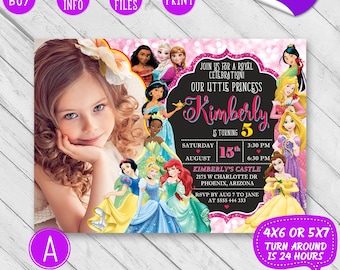 Disney princess birthday invitation, Disney princess invitation with photo, Princess invitation, Disney princess invite, Princess party card