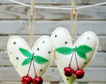 Felt Christmas heart ornaments set , Set of 2 felt heart ornament , Home decor