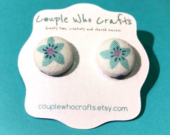 Light Blue Flower Fabric Covered Button Earrings Stud Earrings Fabric Jewelry Fabric Button Earrings Button Studs Posts Costume Jewelry