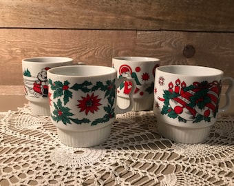 Vintage Christmas Mugs Set of Four Porcelain