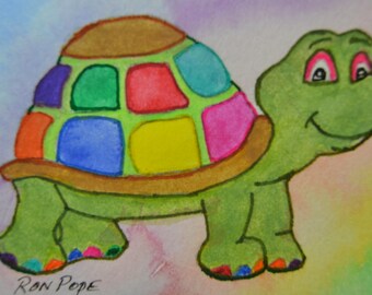 Original ACEO Watercolor Painting - Rainbow Turtle - Pen and Ink Art