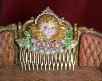 Baroque Vivid Hand Painted Cherub Angel Crystal Hair Comb