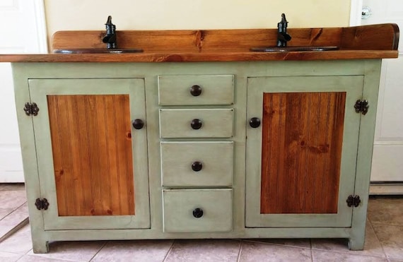 Double Bathroom Vanity - Rustic Bathroom Vanity - Bathroom Vanity - Copper Sinks - Sage Green - 60" - Bathroom Vanities - Rustic Vanity -