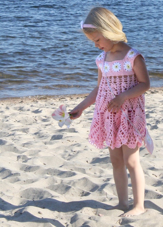 Crochet Summer Dress with Purse and Headband ,  Beach Dress , Flower girls dress , Toddler Dress , Crochet Pattern