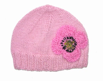 Girls Retro HANDMADE Pink Knitted Wool Beanie Hat with Flower