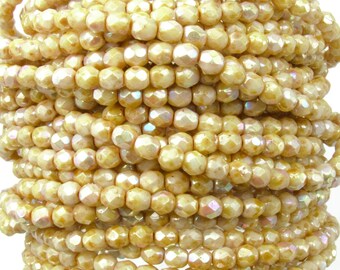 4mm Faceted Opaque Vanilla Picasso AB Firepolish Czech Glass Beads - Qty 50 (DW2)