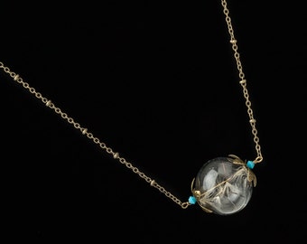 Dandelion Necklace, dandelion seed glass orb, wish necklace, terrarium necklace, gold flower pendant & turquoise wedding jewelry Gift 2606