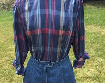 Blue plaid shoulder button blouse