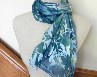Hand dyed silk scarf shades of blue green Long Devore satin silk scarf is ready to ship Gifts for her Gifts under 50 Silk scarf #491,