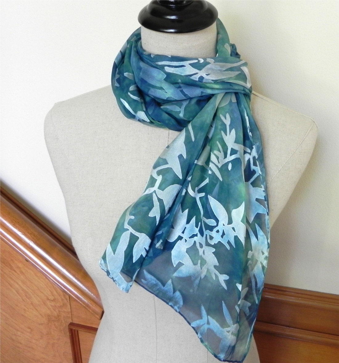 Hand dyed silk scarf shades of blue green Long Devore satin