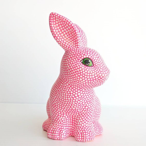 Cute ceramic bunny neon pink with white dots pink and white bunny