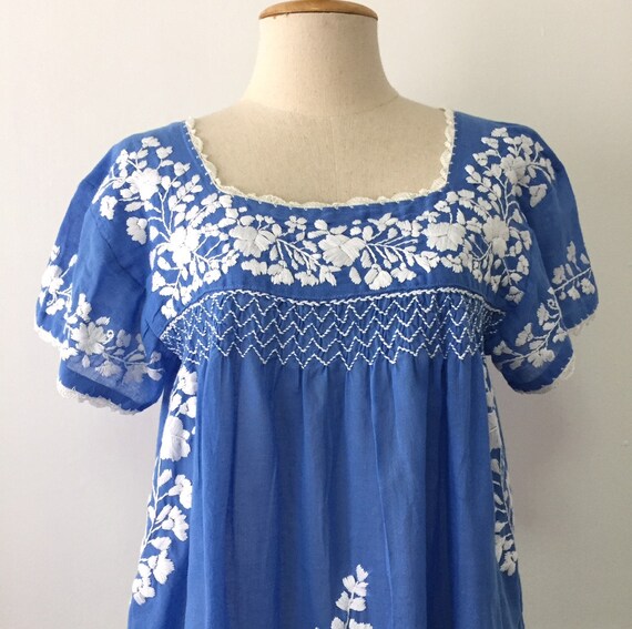 Mexican Embroidered Blouse Short Sleeve Cotton Top In Blue