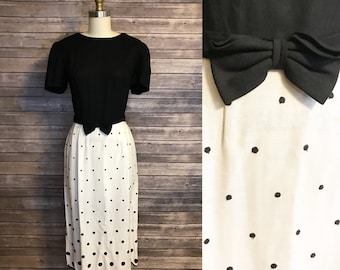 1980s Lanz Polka Dot Dress / 80s Black and White Bow Belt Scallop Hem Midi Dress / Vintage Black and White Linen Dress