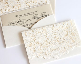 Lace Wedding Invitation | Laser Cut Pocket fold | Vintage Wedding Invitation | Elegant Wedding Invite Ivory | Damask Invite | GRACIE Sample